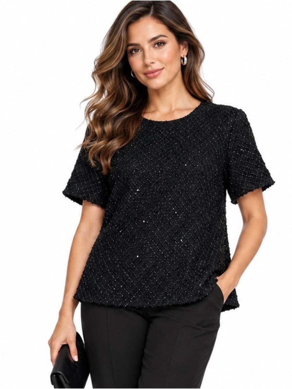 Peter Nygard Black Silk Beaded Top L Short Sleeve Evening Going Out Textured
